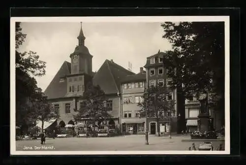 AK Jena, Markt mit Cafe und Denkmal