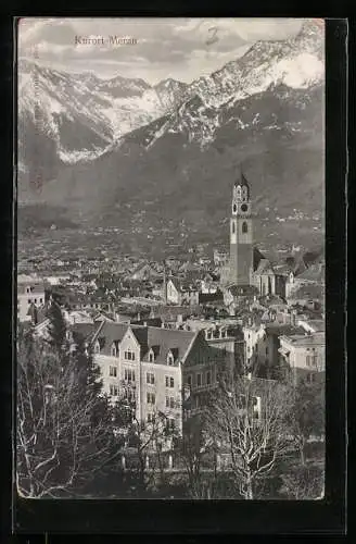 AK Meran, Ortsansicht im Bergpanorama