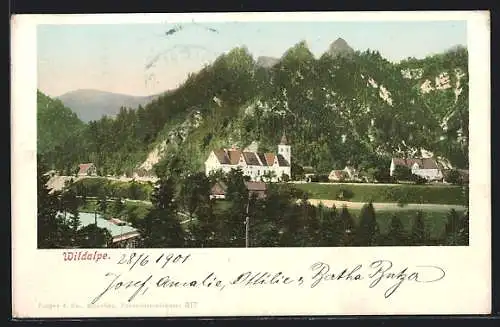 AK Wildalpe, Ortsansicht mit Kirche, Gewässer und Bergpanorama