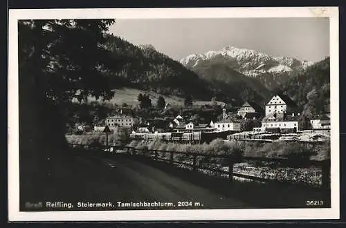 AK Gross Reifling /Stmk., Ortsansicht mit Tamischbachturm von der Landstrasse aus