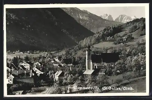AK St. Gallen /Stmk., Ortsansicht mit Kirche und Bergpanorama aus der Vogelschau