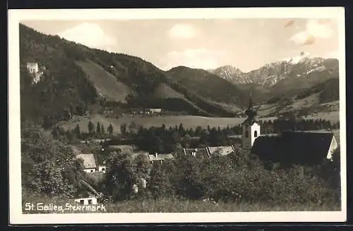 AK St. Gallen /Stmk., Teilansicht mit Kirche und Umgebung