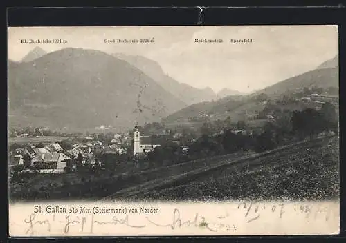 AK St. Gallen /Stmk., Ortsansicht mit Buchstein, Reichenstein und Sparafeld