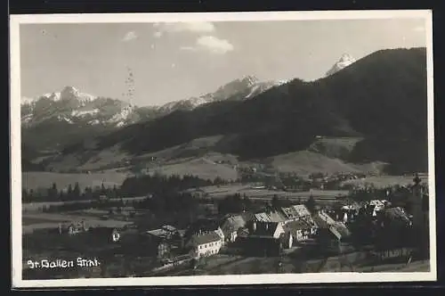 AK St. Gallen /Stmk., Ortsansicht mit Umgebung und Bergpanorama