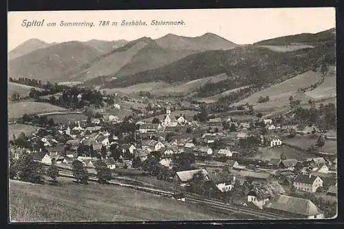 AK Spital am Semmering, Gesamtansicht mit Bahnschienen und Bergpanorama aus der Vogelschau