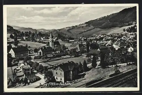 AK Spital am Semmering, Ortsansicht mit Bahnschienen und Blick ins Land