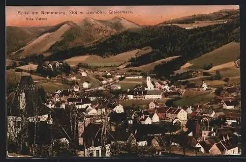 AK Spital am Semmering, Teilansicht mit Villa Zatzka und Bergen aus der Vogelschau