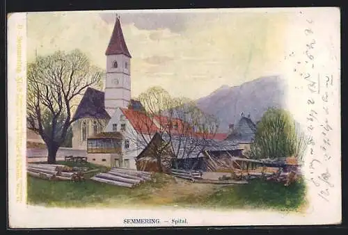 Lithographie Spital am Semmering, Ortspartie mit Kirche