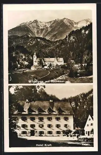 AK Wildalpen, Ortsansicht mit Hochkaar, Hotel Josef Kraft, Frontansicht