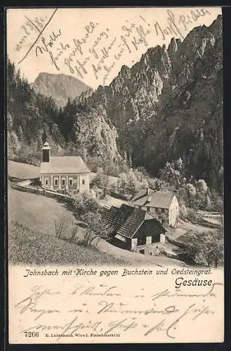 AK Johnsbach /Gesäuse, Kirche gegen Buchstein und Oedsteingrat