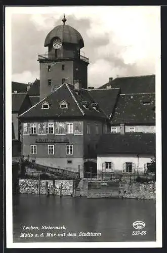 AK Leoben /Steiermark, Motiv a. d. Mur mit Stadtturm