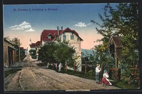 AK St. Corona b. Kirchberg, Zwei Kinder am Wegkreuz am Ortseingang