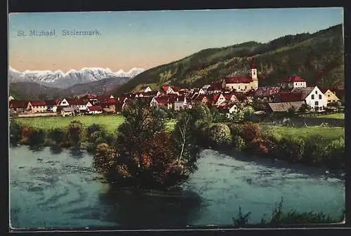 AK St. Michael /Steiermark, Ortsansicht über den Fluss