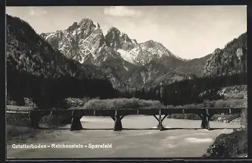 AK Gstatterboden-Reichenstein-Sparafeld, Flusspartie mit Brücke im Gebirge