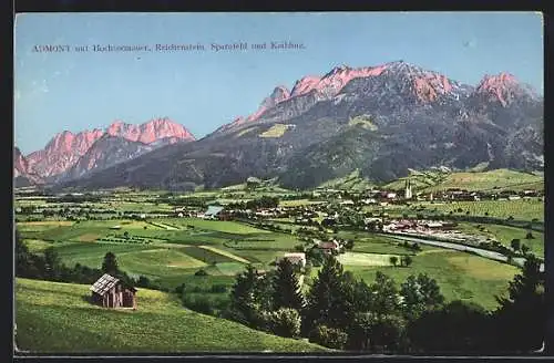 AK Admont, Ort vor Bergpanorama mit Hochtormauer, Reichenstein, Sparafeld und Kaibling
