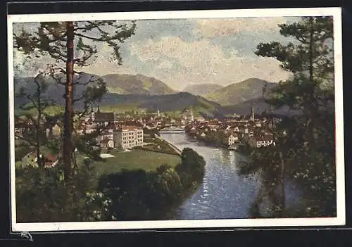 Künstler-AK Leoben, Ortsansicht mit Fluss und Brücke