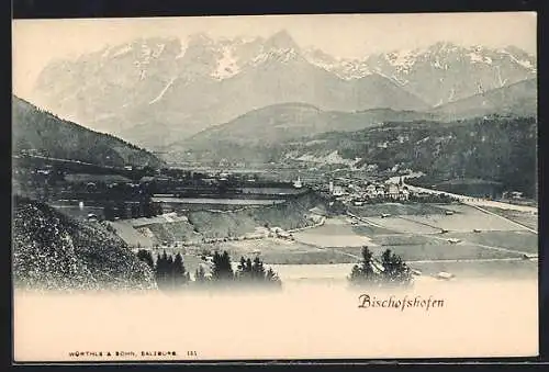 AK Bischofshofen, Bergpanorama mit Feldern und Ort