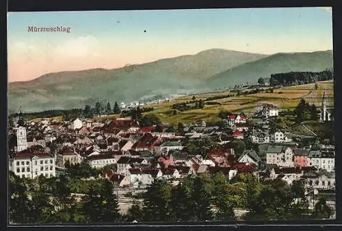 AK Mürzzuschlag, Teilansicht vor Gebirge