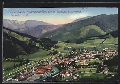 AK Mürzzuschlag, Steiermark, Ortsansicht aus Vogelschau mit Schneealpe