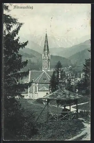 AK Mürzzuschlag, Ortspartie mit Kirche