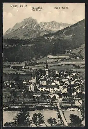 AK Bischofshofen, Ortsansicht mit Hochkönig Tor Säule und Mandl Wände