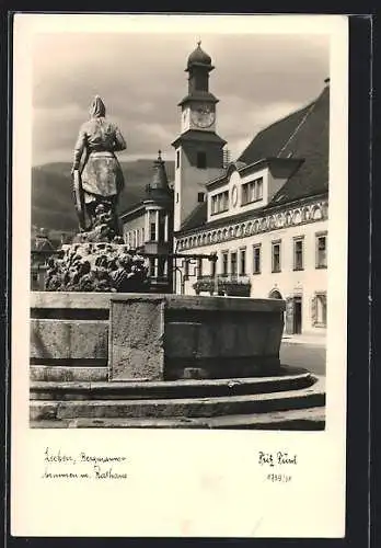 AK Leoben, Bergmannsbrunnen und Rathaus