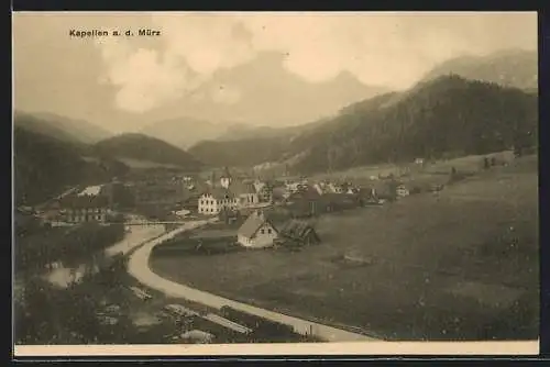 AK Kapellen a. d. Mürz, Ortsansicht mit Brücke und Bergpanorama