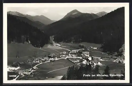 AK Frein bei Mürzsteg, Gesamtansicht mit bewaldeten Hügeln