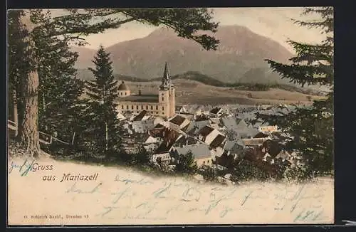 AK Mariazell, Teilansicht mit Bergblick