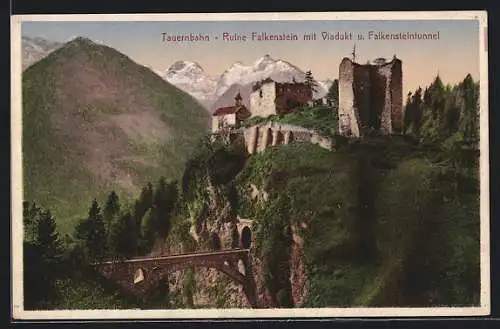 AK Obervellach, Ruine Falkenstein an der Tauernbahn, Ortsansicht mit Viadukt und Falkensteintunnel