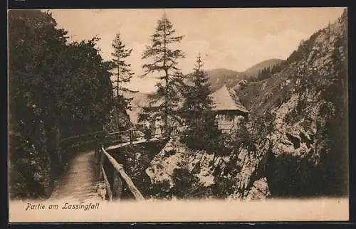 AK Wienerbruck, Lassingfall, Wasserfall mit Hütte