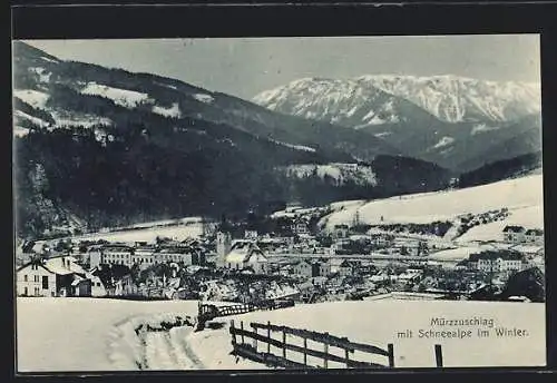AK Mürzzuschlag, Teilansicht mit Schneealpe im Winter