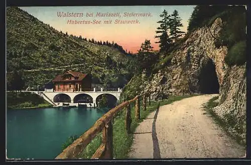 AK Mariazell, Walstern, Hubertus-See mit Stauwerk