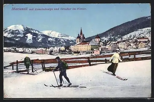 AK Mariazell, Ortsansicht mit Gemeindealpe und Oetscher im Winter