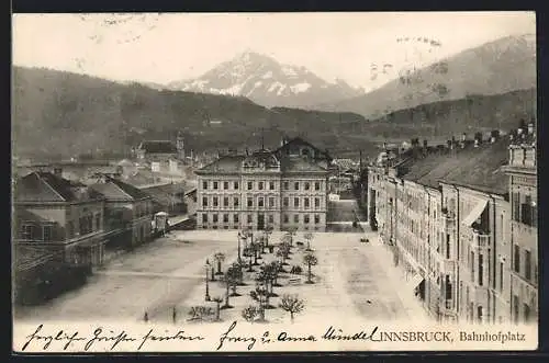 AK Innsbruck, Bahnhofplatz aus der Vogelschau