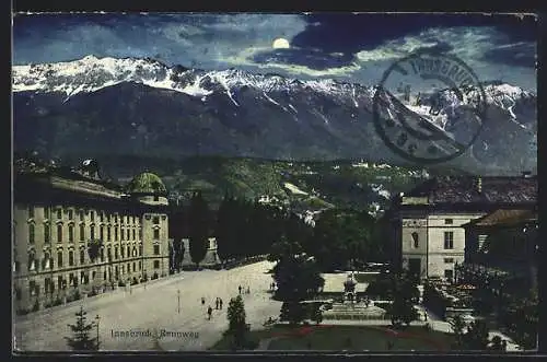 AK Innsbruck, Strasse Rennweg mit Brunnen bei Mondschein