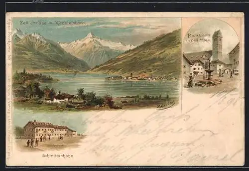 Lithographie Zell am See, Kitzsteinhorn, Schmittenhöhe Hotel