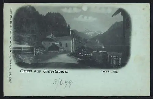 Mondschein-AK Untertauern, Strassenpartie mit Kirche