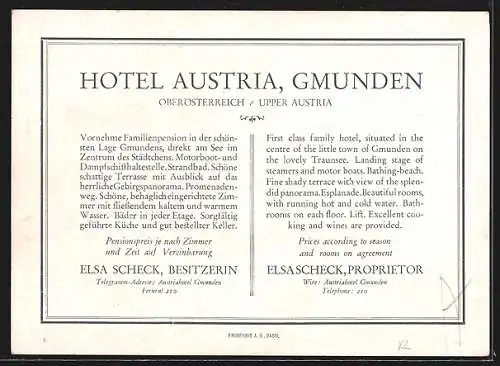 Künstler-AK Gmunden, Hotel Austria von Elsa Scheck, Segelboote