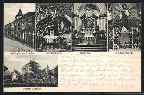 AK Salzburg, Lourdes-grotte, Herz-Jesu-Kapelle, Institut B. Maria v. der Englischen Fräulein