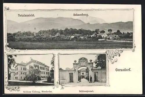 AK Gerasdorf, Totalansicht mit Schneeberg, Schloss Coburg, Nordseite, Schlossportal