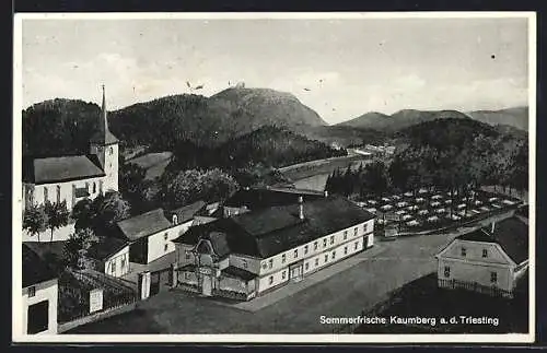 AK Kaumberg a. d. Triesting, Gasthof zum goldenen Kreuz und Kirche aus der Vogelschau