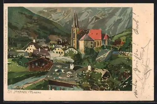 Lithographie St. Johann im Pongau, Ortsansicht aus der Vogelschau