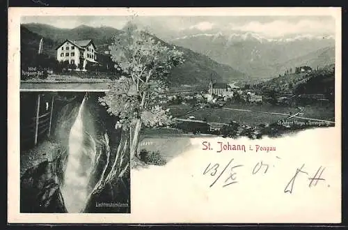 AK St. Johann i. Pongau, Hotel Pongauerhof, Liechtensteinklamm, Totalansicht vom Ort mit Tannengebirge