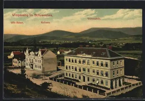 AK Wimpassing im Schwarzatale, Villa Reiser mit Rathaus und Volksschule