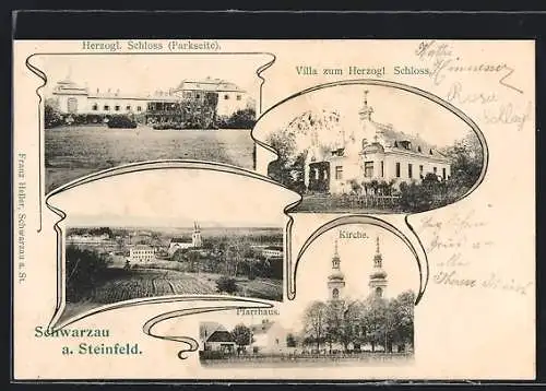 AK Schwarzau a. Stenfeld, Villa zum Herzogl. Schloss, Pfarrhaus und Kirche
