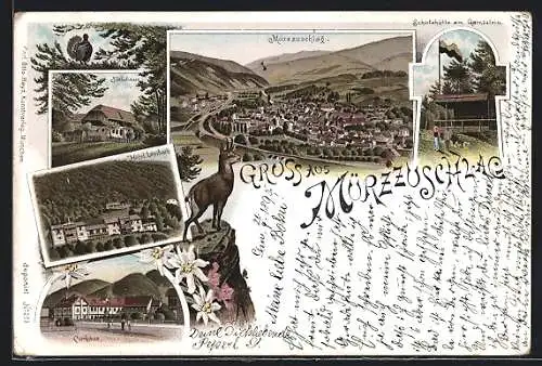 Lithographie Mürzzuschlag, Hôtel Lambach, Kurhaus, Schutzhütte am Gamsstein