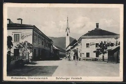 AK Rottenmann, Strasse in der Salzburger Vorstadt mit Strassers Gasthaus