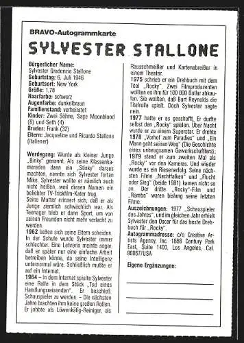 AK Schauspieler Sylvester Stallone mit Halskette, Bravo-Autogrammkarte