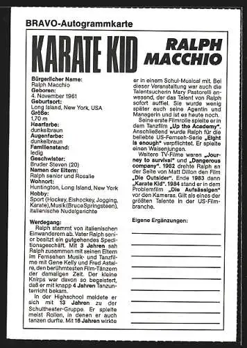 AK Schauspieler Ralph Macchio als Karate Kid, Bravo-Autogrammkarte